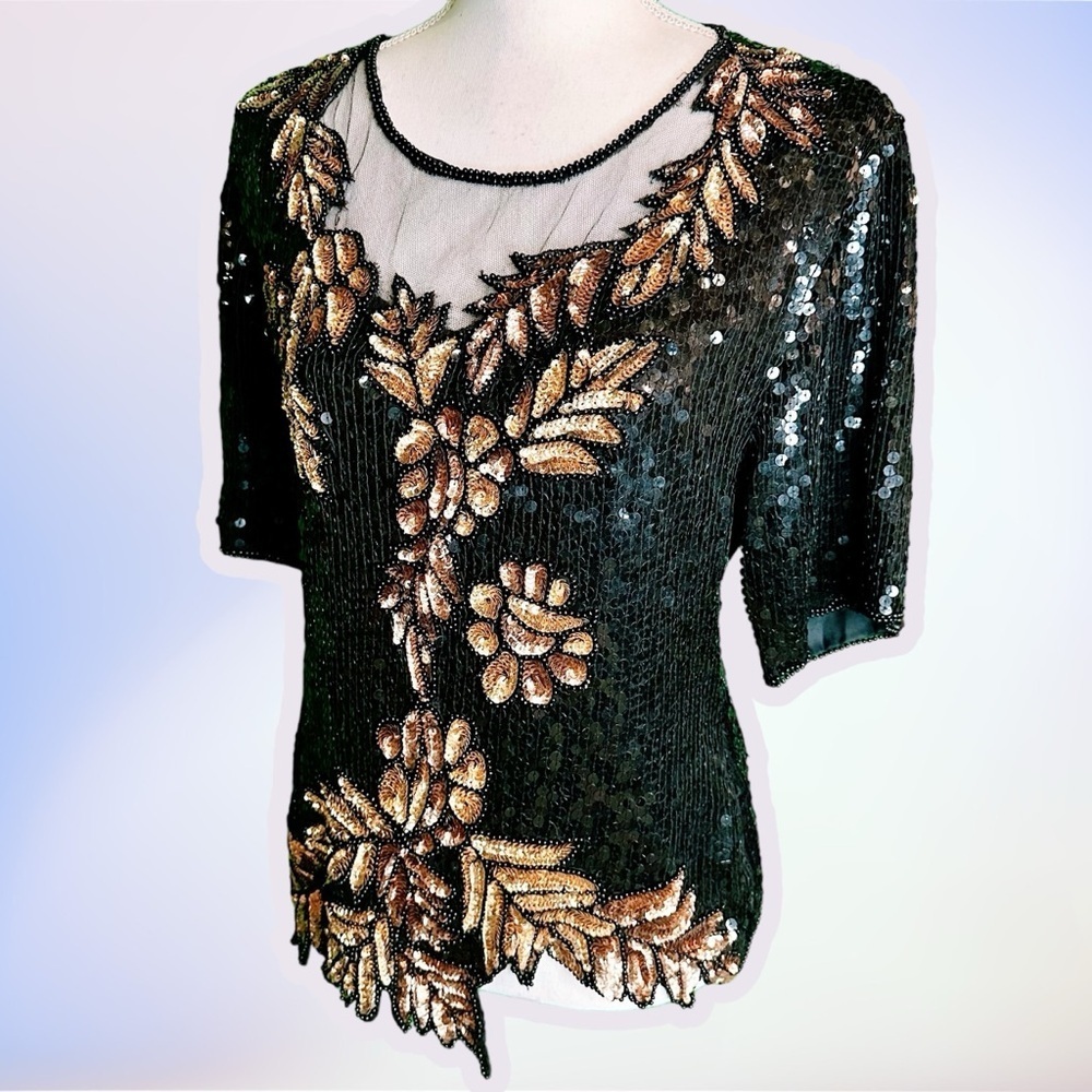 Stenay Vintage 80’s 100% Silk Black & Gold Beaded Sequin Leaf Patterned Top Sz S